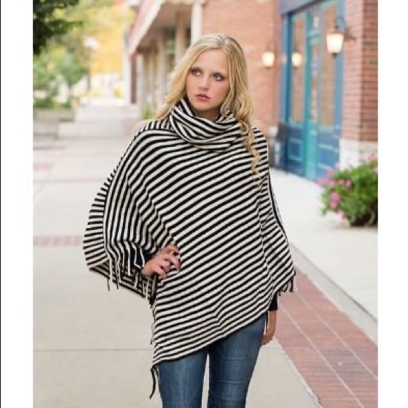 Sweaters - Striped fringe cowl neck poncho